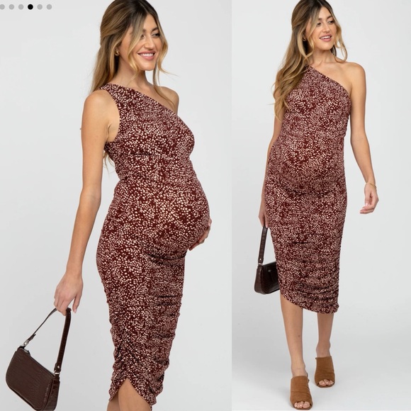 Pinkblush Brown Animal Print Asymmetrical One Shoulder Maternity Midi Dress - Picture 2 of 13